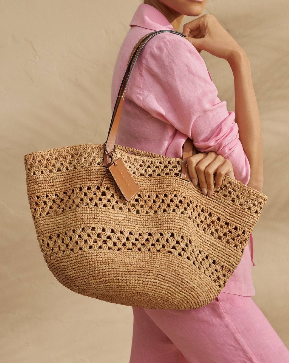 Manebí Weaving Raffia \u0026 Leather Basket Bag - Leather Tag Nuovo