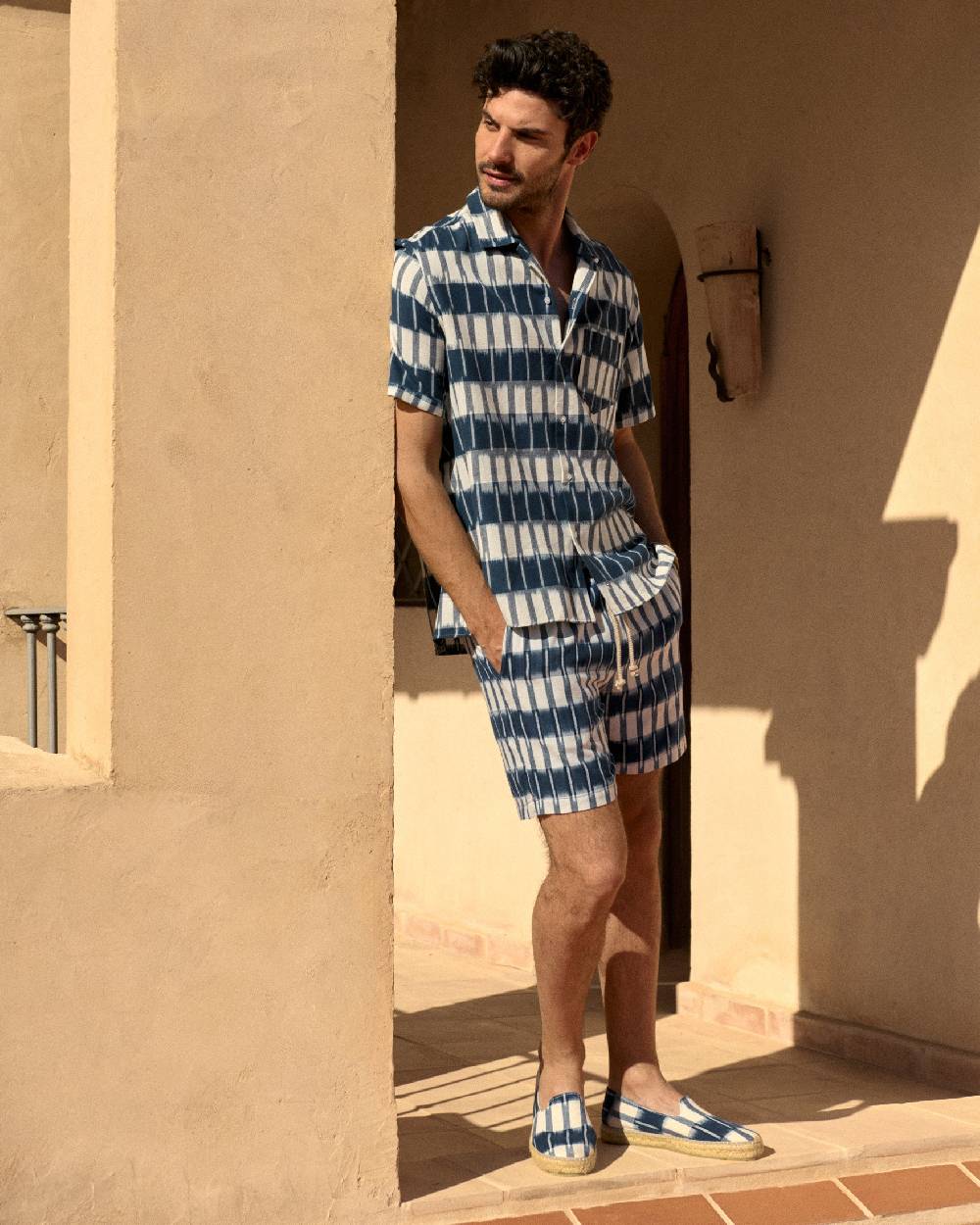 Manebí Dyed Cotton|Havana Camp-Collar Shirt - Navy Blue \u0026 Indigo Pattern Acquista Ora