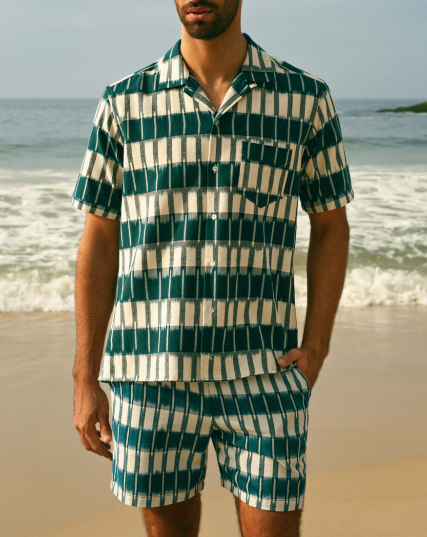 Manebí Dyed Cotton|Havana Camp-Collar Shirt - Navy Blue \u0026 Indigo Pattern Acquista Ora