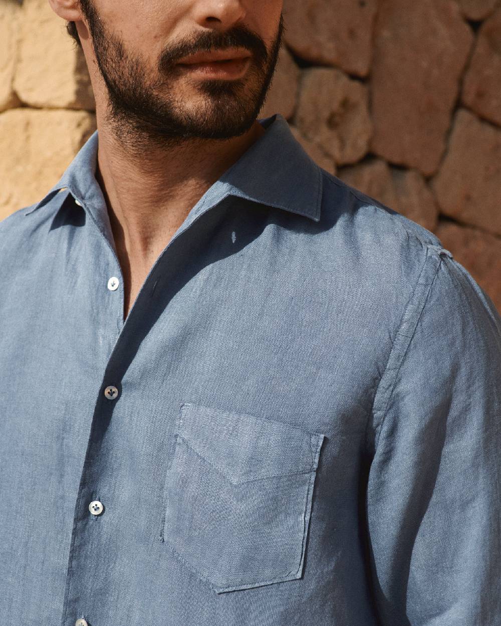 Manebí Washed Linen Panama Shirt - Embroidered Palm Navy Blue Grande vendita
