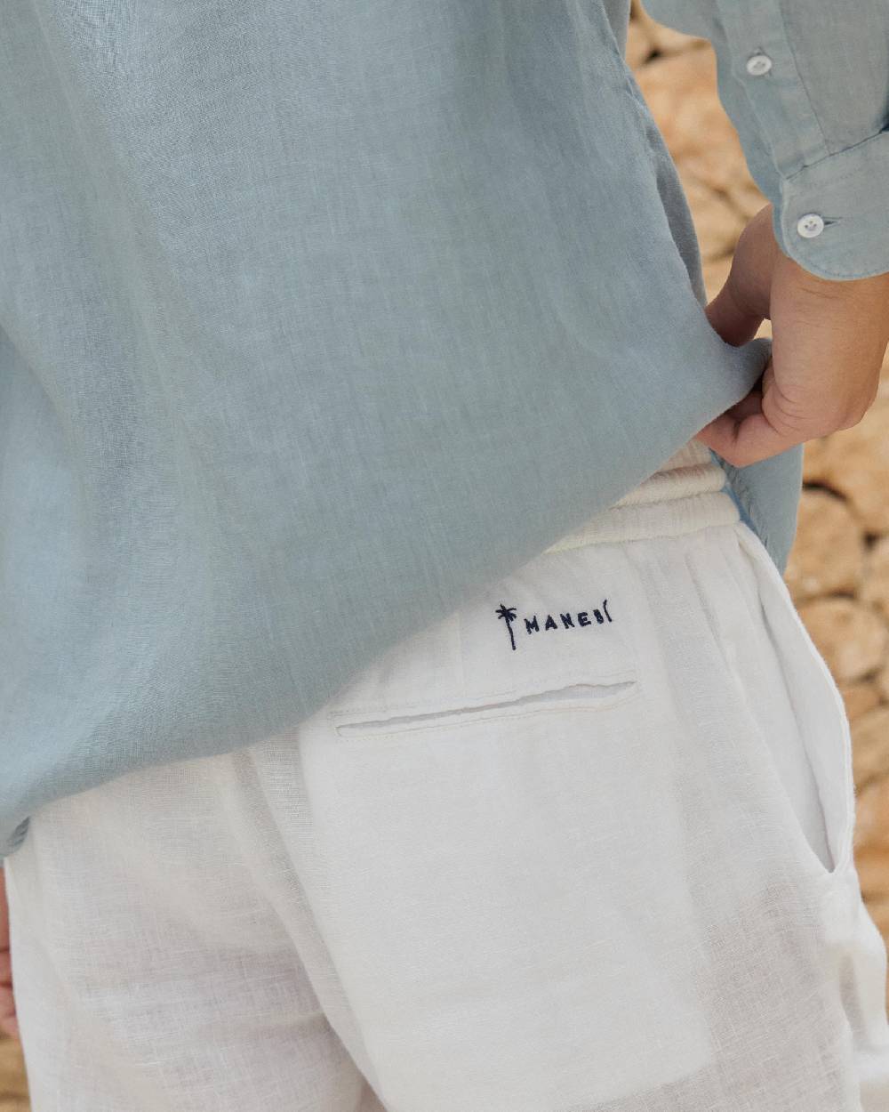 Manebí Washed Linen Venice Trousers - Embroidered Logo White In Vendita