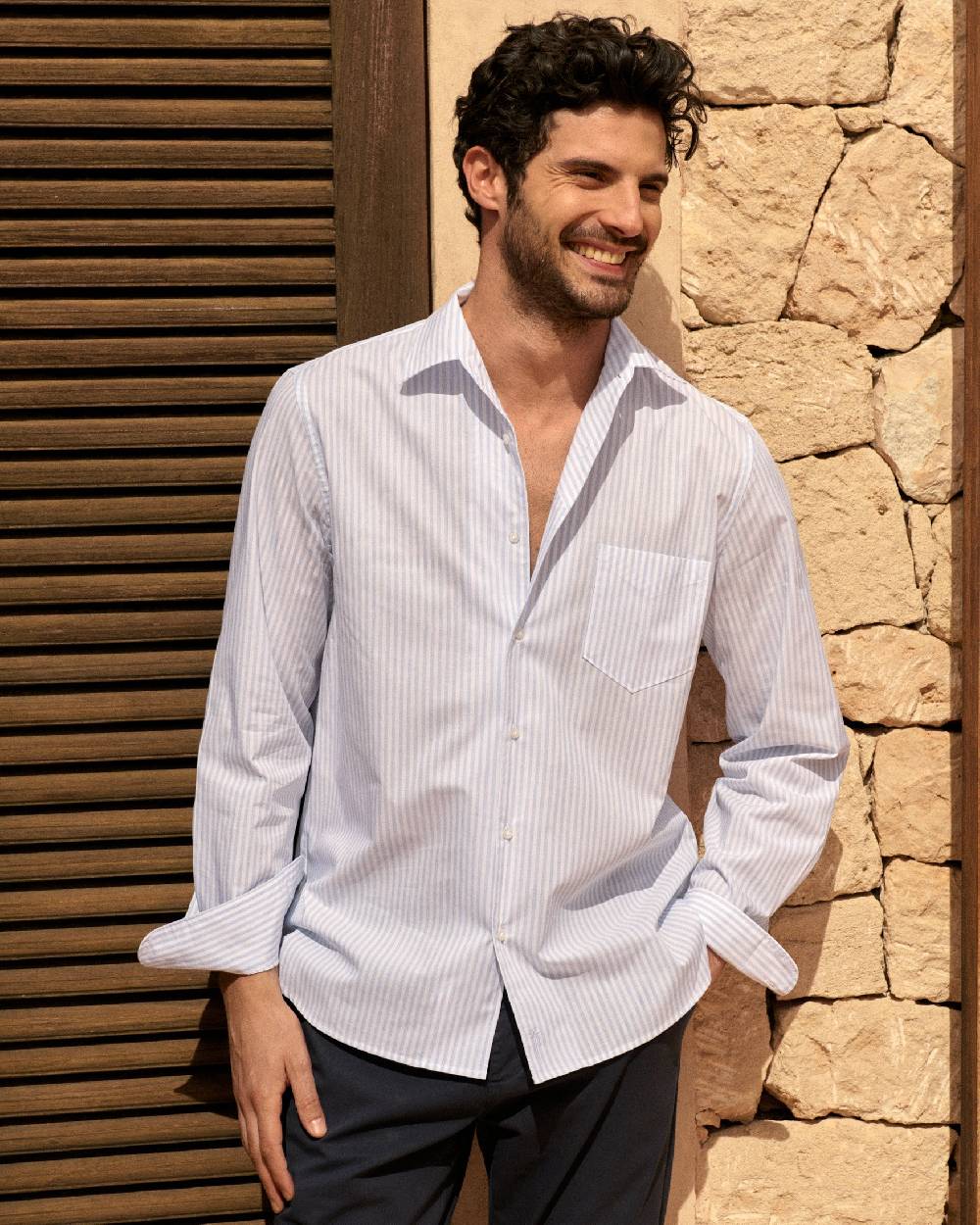 Manebí Poplin Panama Shirt - Light Blue \u0026 White Watercolor Stripes Vendita Economica