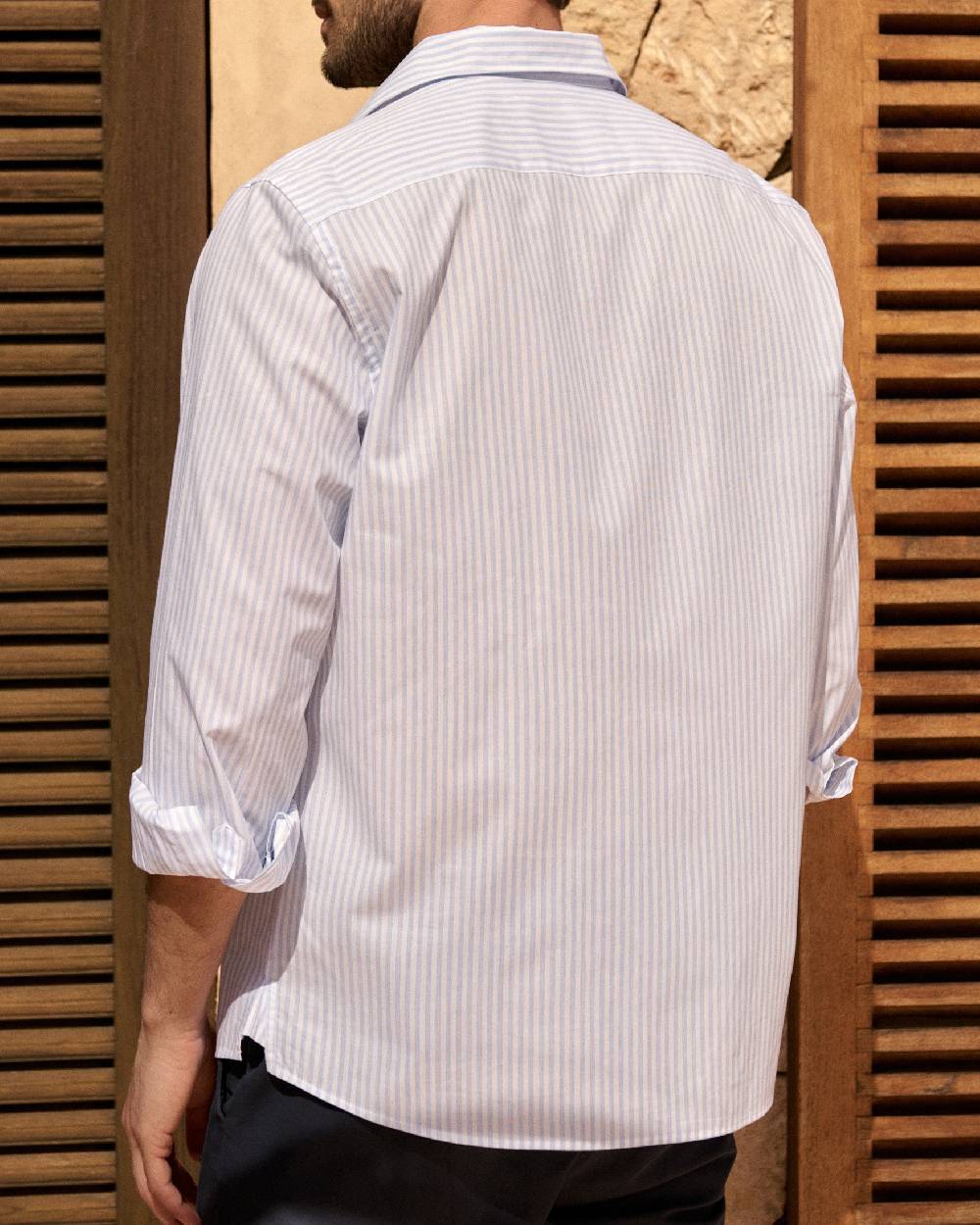 Manebí Poplin Panama Shirt - Light Blue \u0026 White Watercolor Stripes Vendita Economica