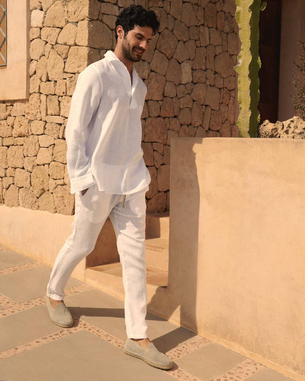 Manebí Linen Nassau Polo Shirt - Embroidered Palm Off White In Linea