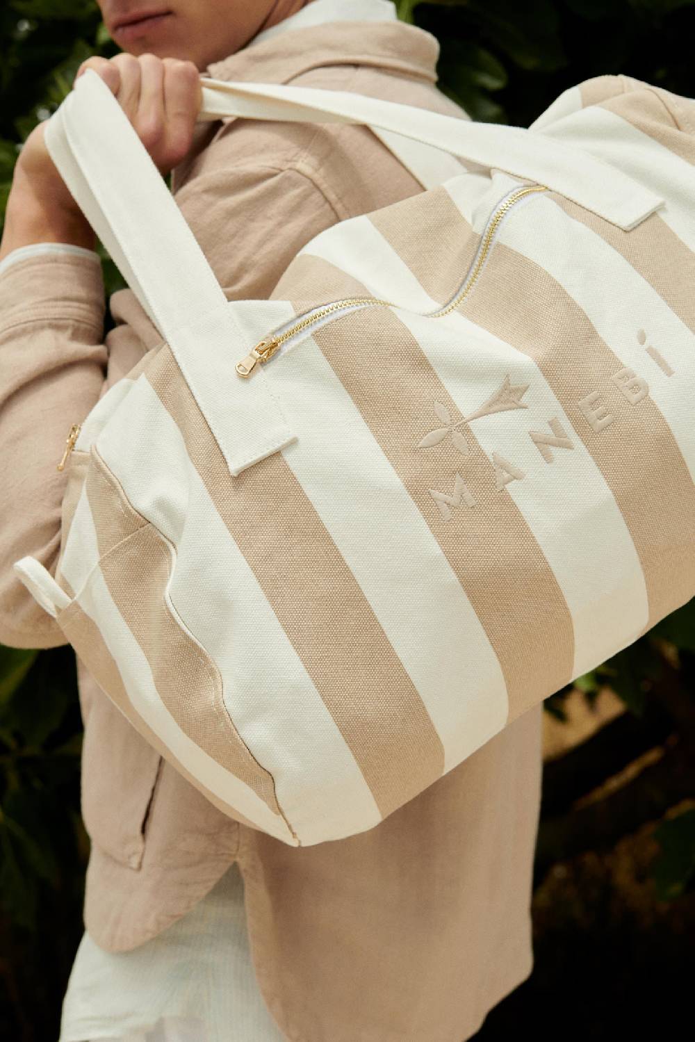 Manebí Canvas Weekend Bag - Embroidered Logo White and Beige Stripes Pezzi Unici