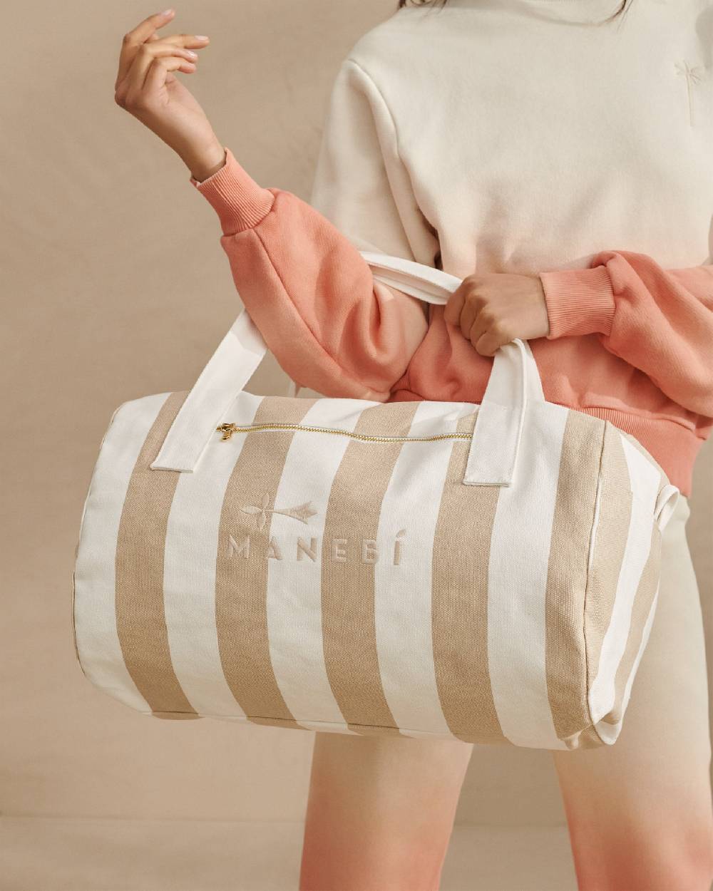 Manebí Canvas Weekend Bag - Embroidered Logo White and Beige Stripes Pezzi Unici