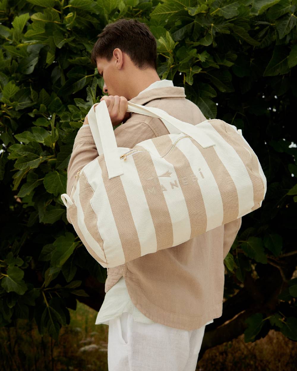 Manebí Canvas Weekend Bag - Embroidered Logo White and Beige Stripes Pezzi Unici