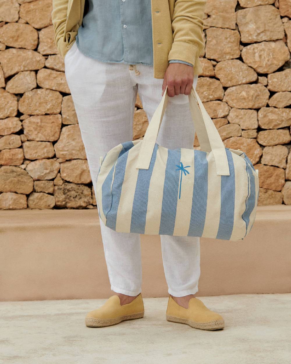 Manebí Canvas Weekend Bag - Embroidered Logo White and Indigo Stripes Promozione Limitata