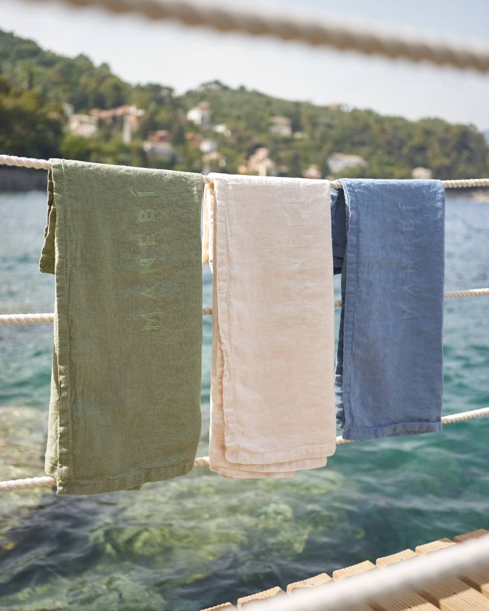 Manebí Washed Linen Beach Towel - Embroidered Logo Indigo Outlet