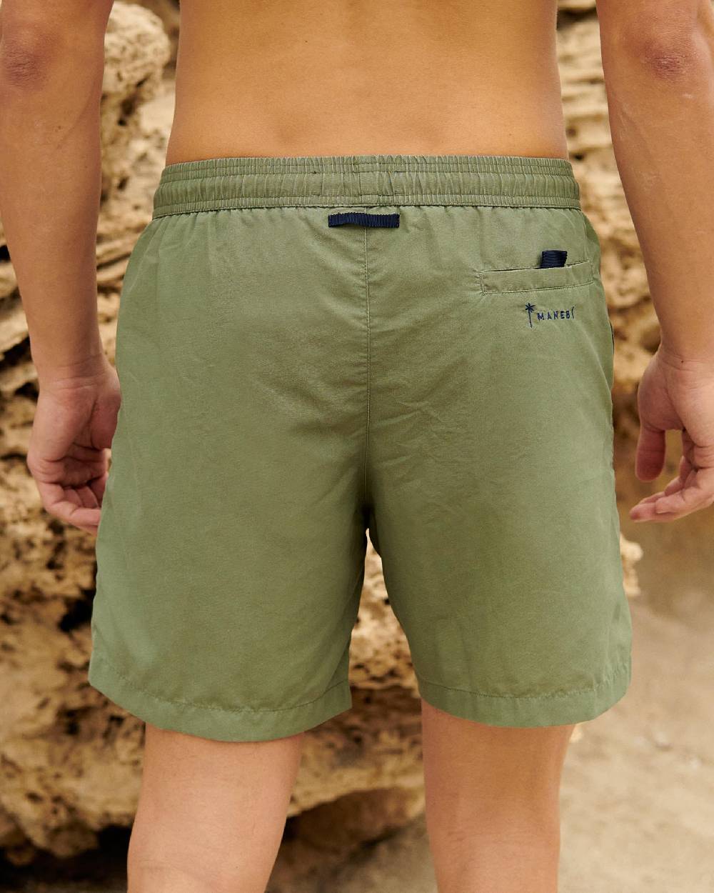 Manebí Solid Color Swim Shorts - Stone Washed Faded Kaki Green 2025