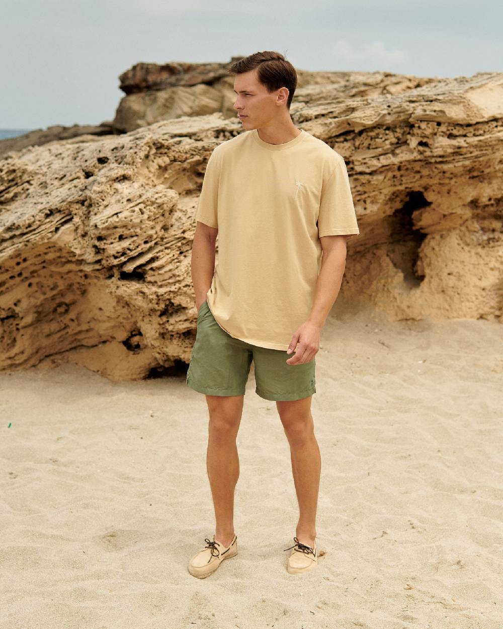 Manebí Solid Color Swim Shorts - Stone Washed Faded Kaki Green 2025