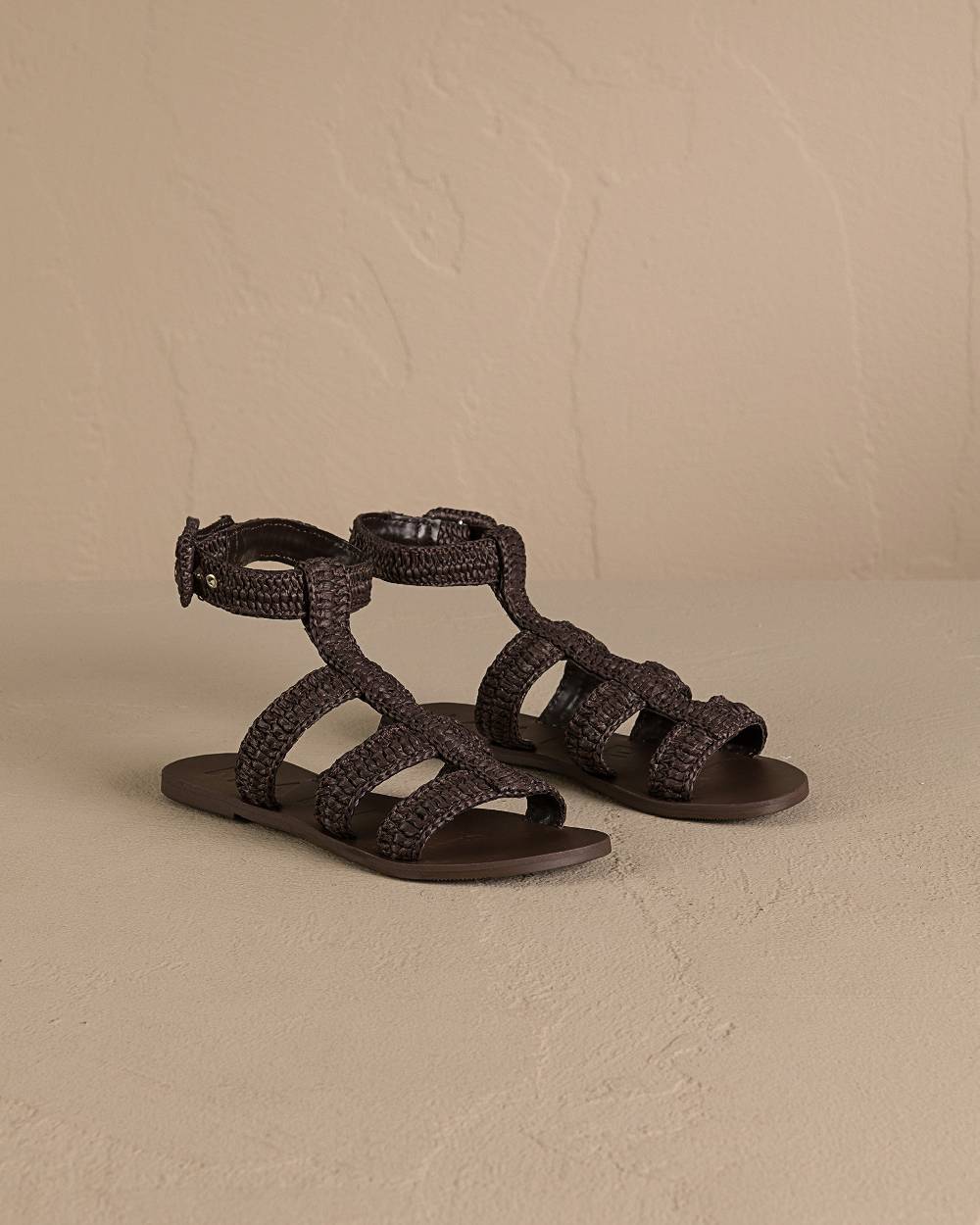 Manebí Raffia Stripes Gladiator|Leather Sandals - Cocoa Novità