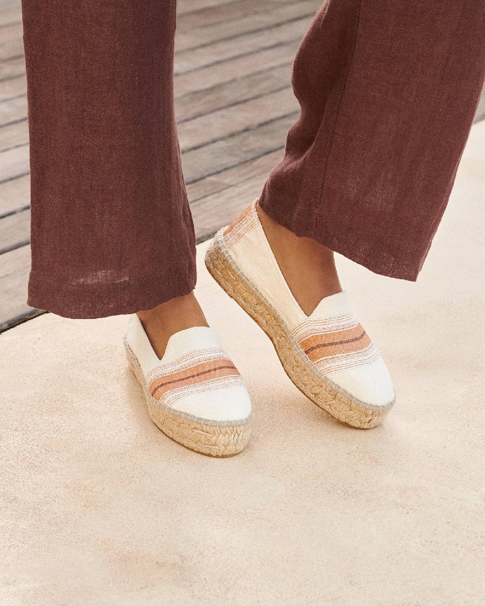 Manebí Cotton Linen And Silk Raw Fabric|Double Sole Espadrilles - Rust Macro Stripe Outlet