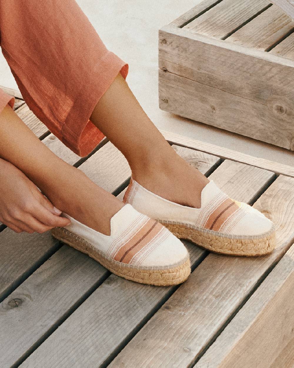 Manebí Cotton Linen And Silk Raw Fabric|Double Sole Espadrilles - Rust Macro Stripe Outlet