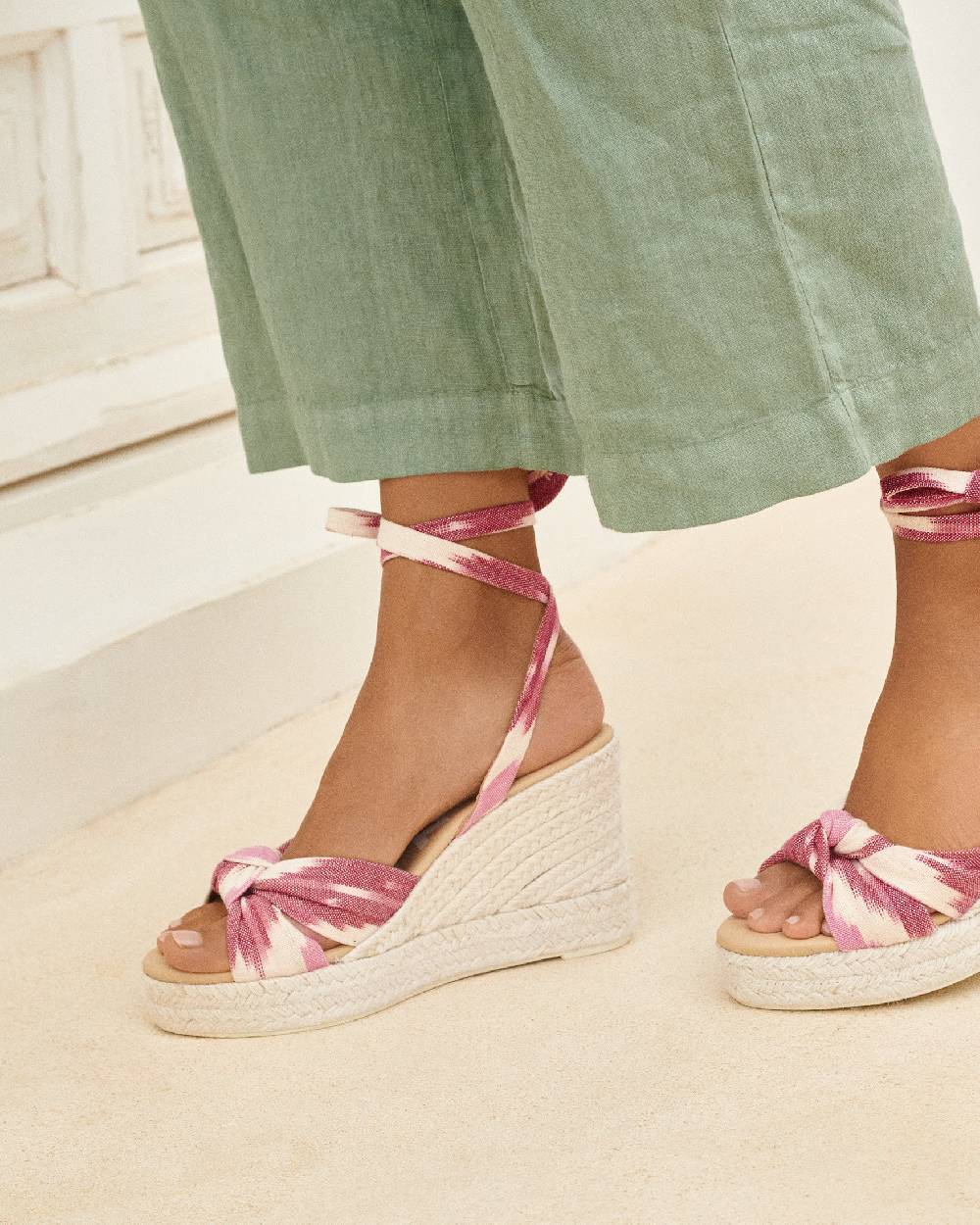 Manebí Dyed Cotton Wedge Espadrilles|With Knot - Tulum Pink And White Ikat Hotsell