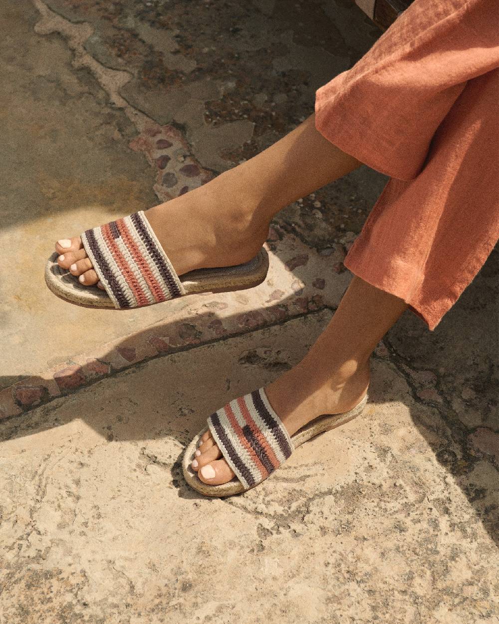 Manebí Cotton Crochet Jute Sandals - Cocoa \u0026 Orange Rust Stripes Vendita Calda