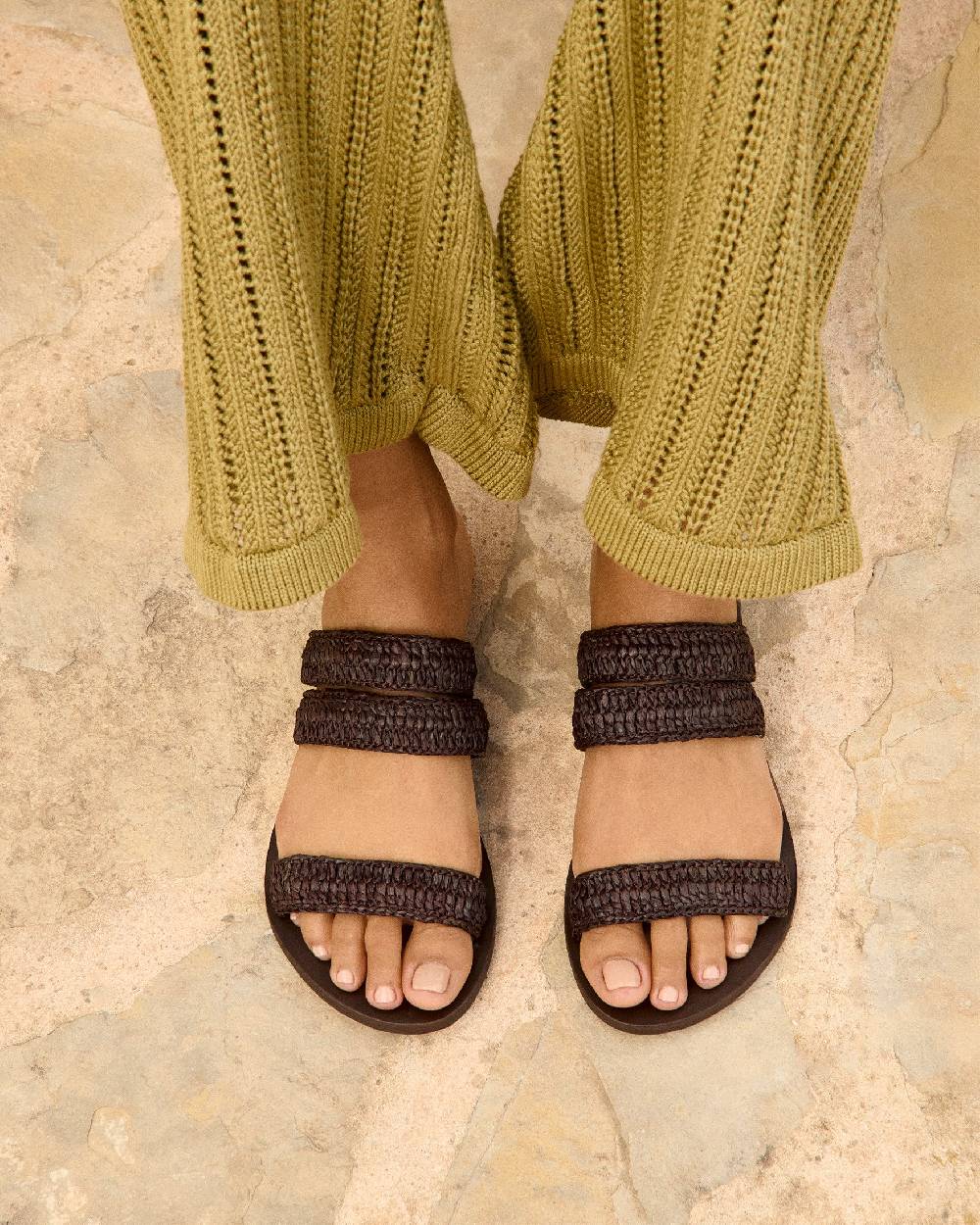 Manebí Raffia Stripes Leather|Three Bands Sandals - Cocoa Italy