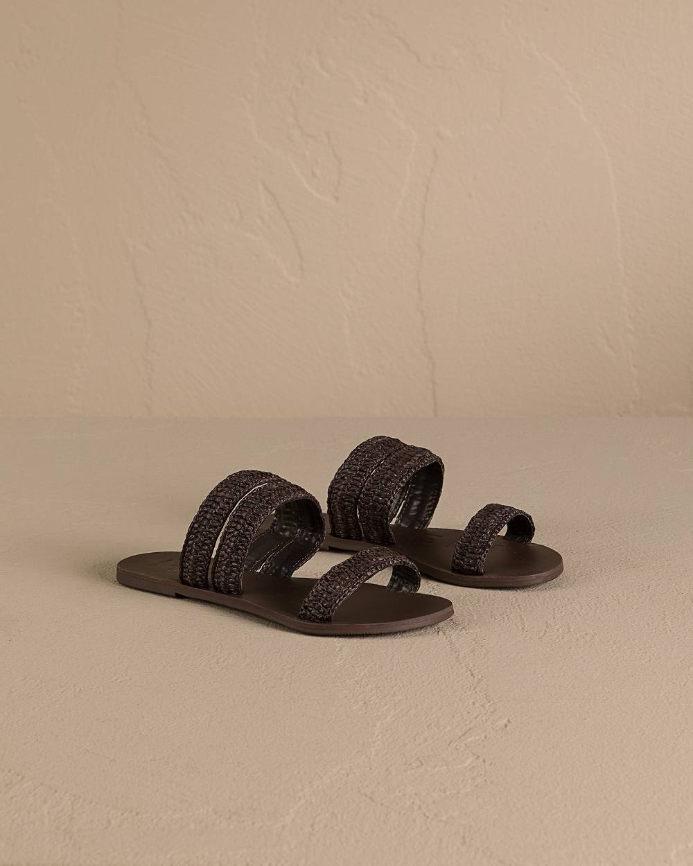 Manebí Raffia Stripes Leather|Three Bands Sandals - Cocoa Italy