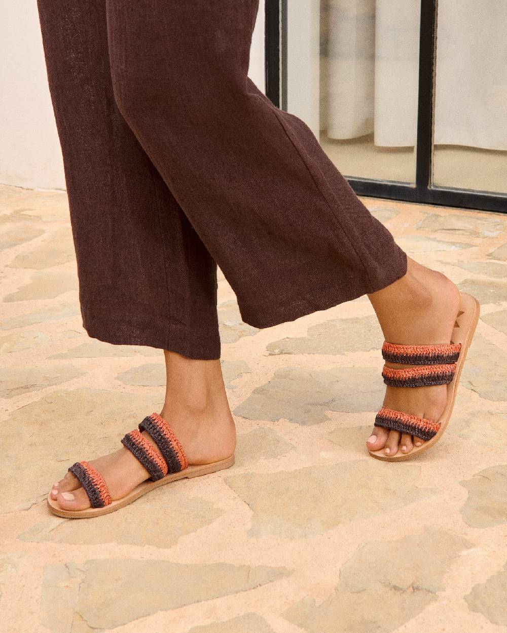 Manebí Raffia Stripes Leather|Three Bands Sandals - Orange Rust \u0026 Cocoa In Linea