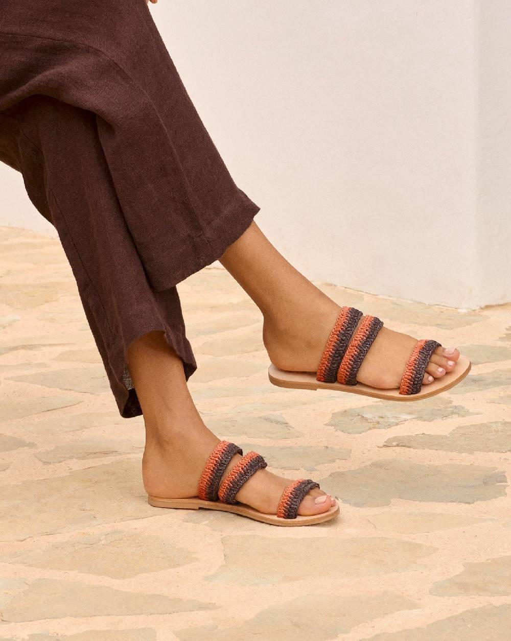 Manebí Raffia Stripes Leather|Three Bands Sandals - Orange Rust \u0026 Cocoa In Linea