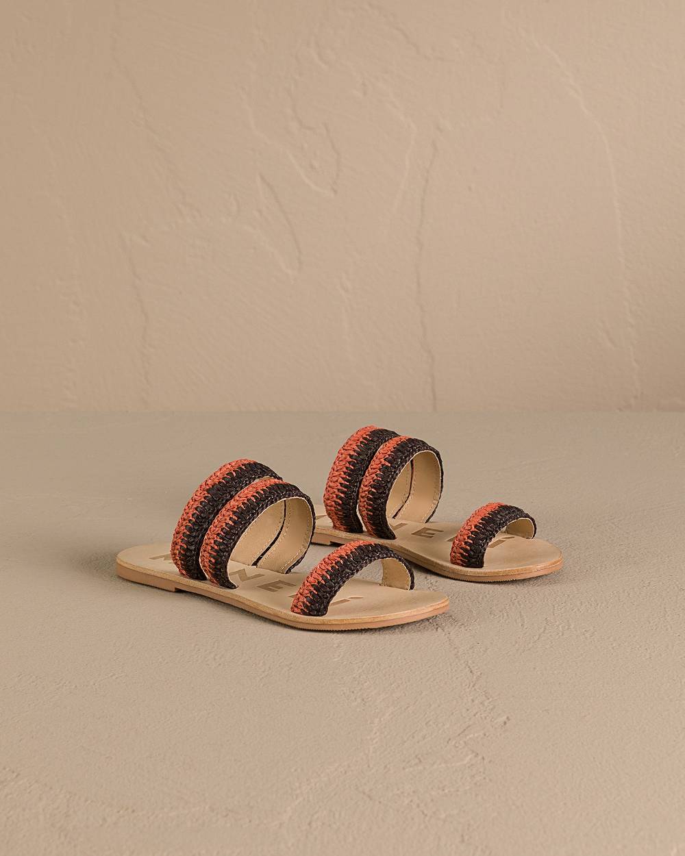 Manebí Raffia Stripes Leather|Three Bands Sandals - Orange Rust \u0026 Cocoa In Linea