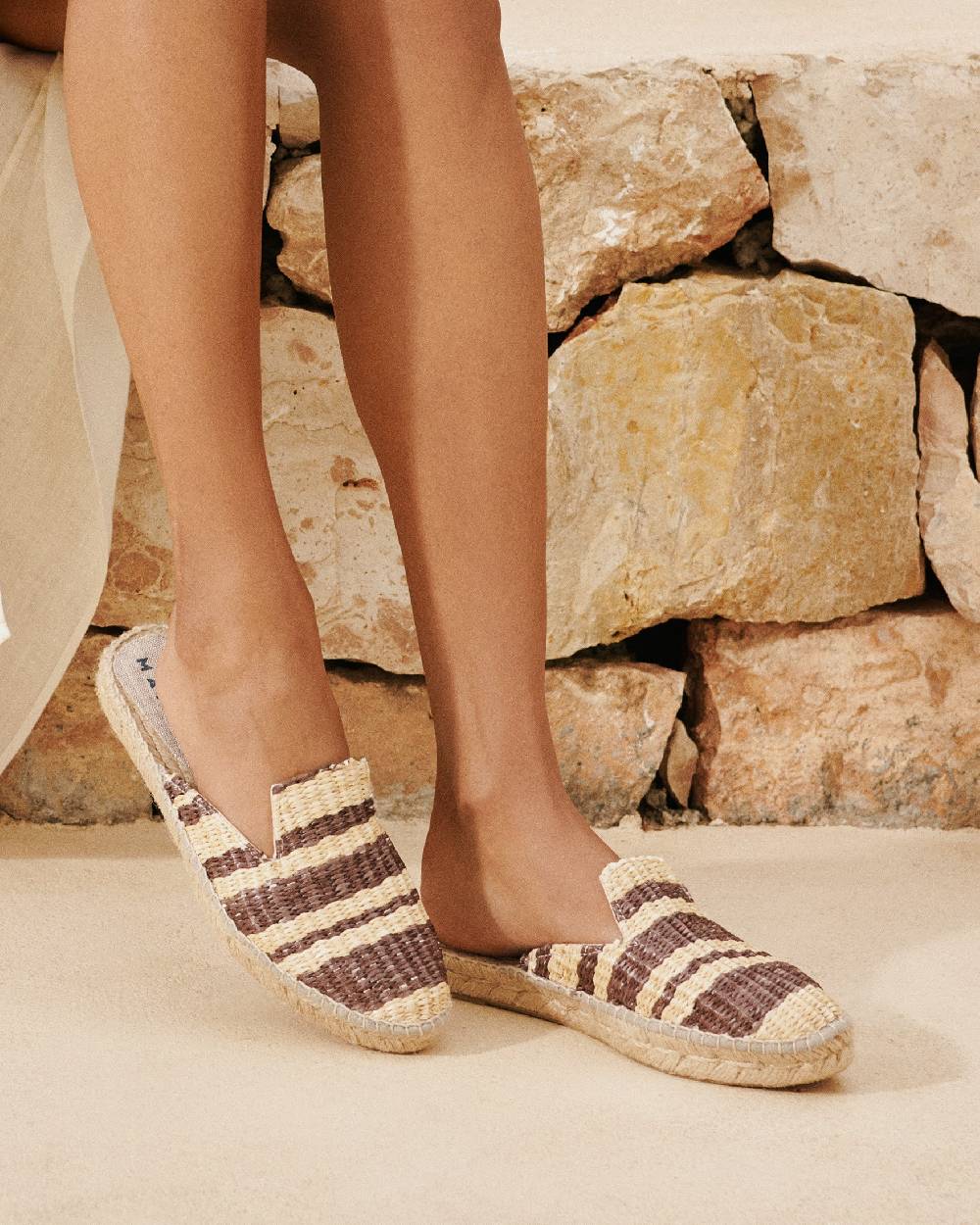 Manebí Raffia Stripes Mules - Cocoa \u0026 Natural Economico