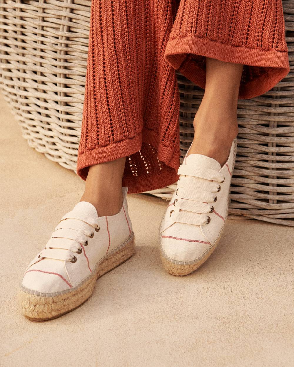 Manebí Woven Canvas|Lace-Up Espadrilles - Red Micro Stripes On Beige Outlet
