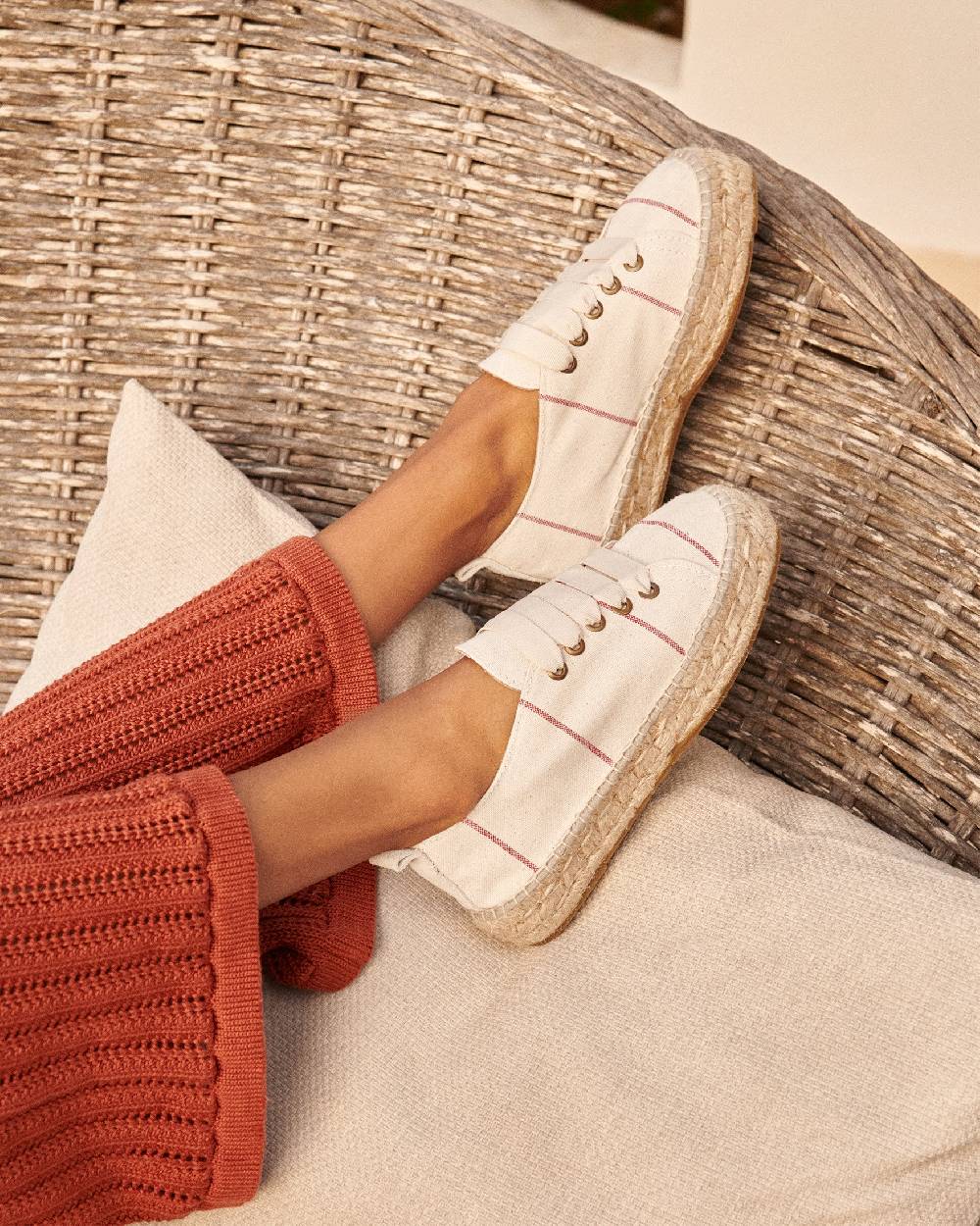 Manebí Woven Canvas|Lace-Up Espadrilles - Red Micro Stripes On Beige Outlet