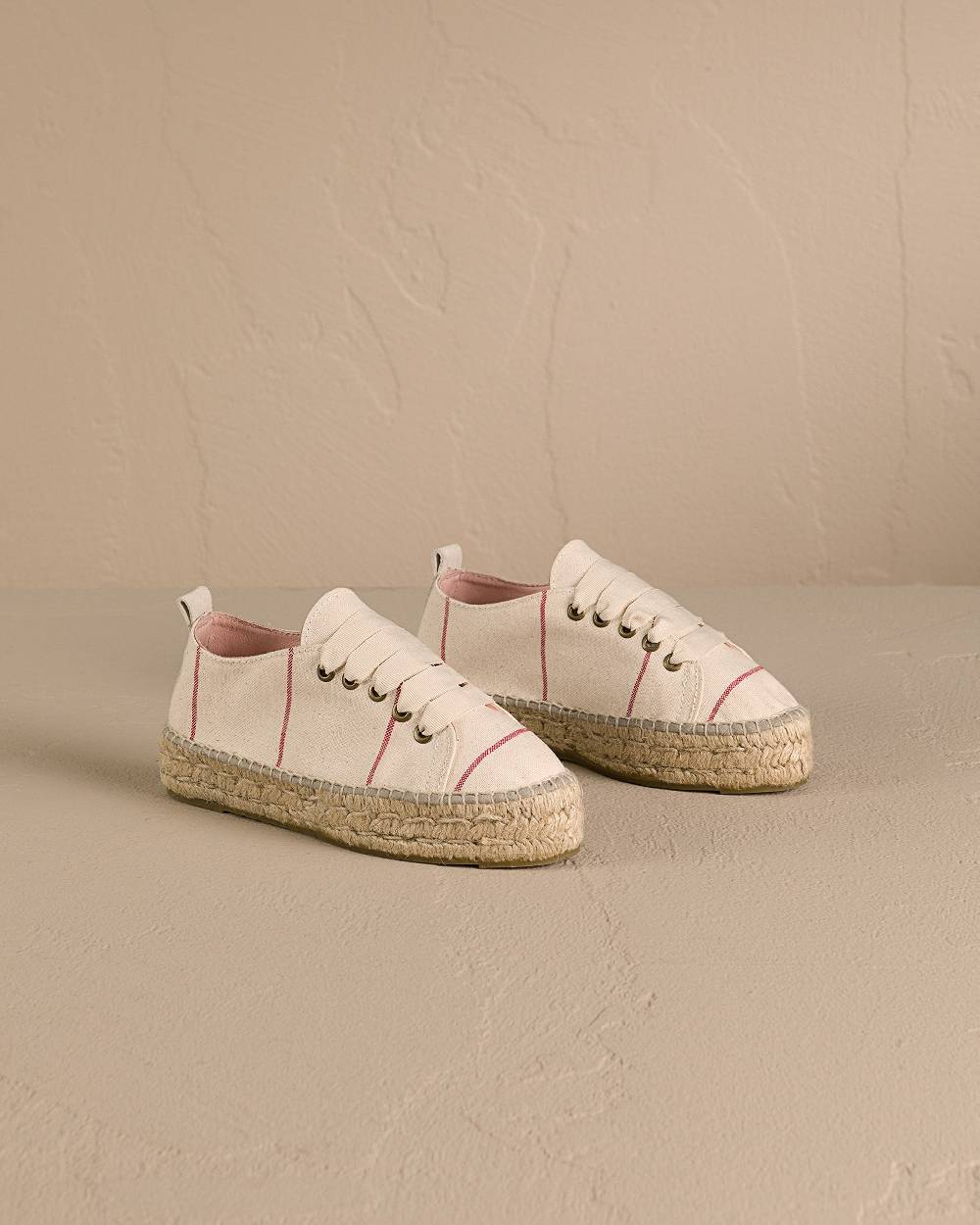 Manebí Woven Canvas|Lace-Up Espadrilles - Red Micro Stripes On Beige Outlet