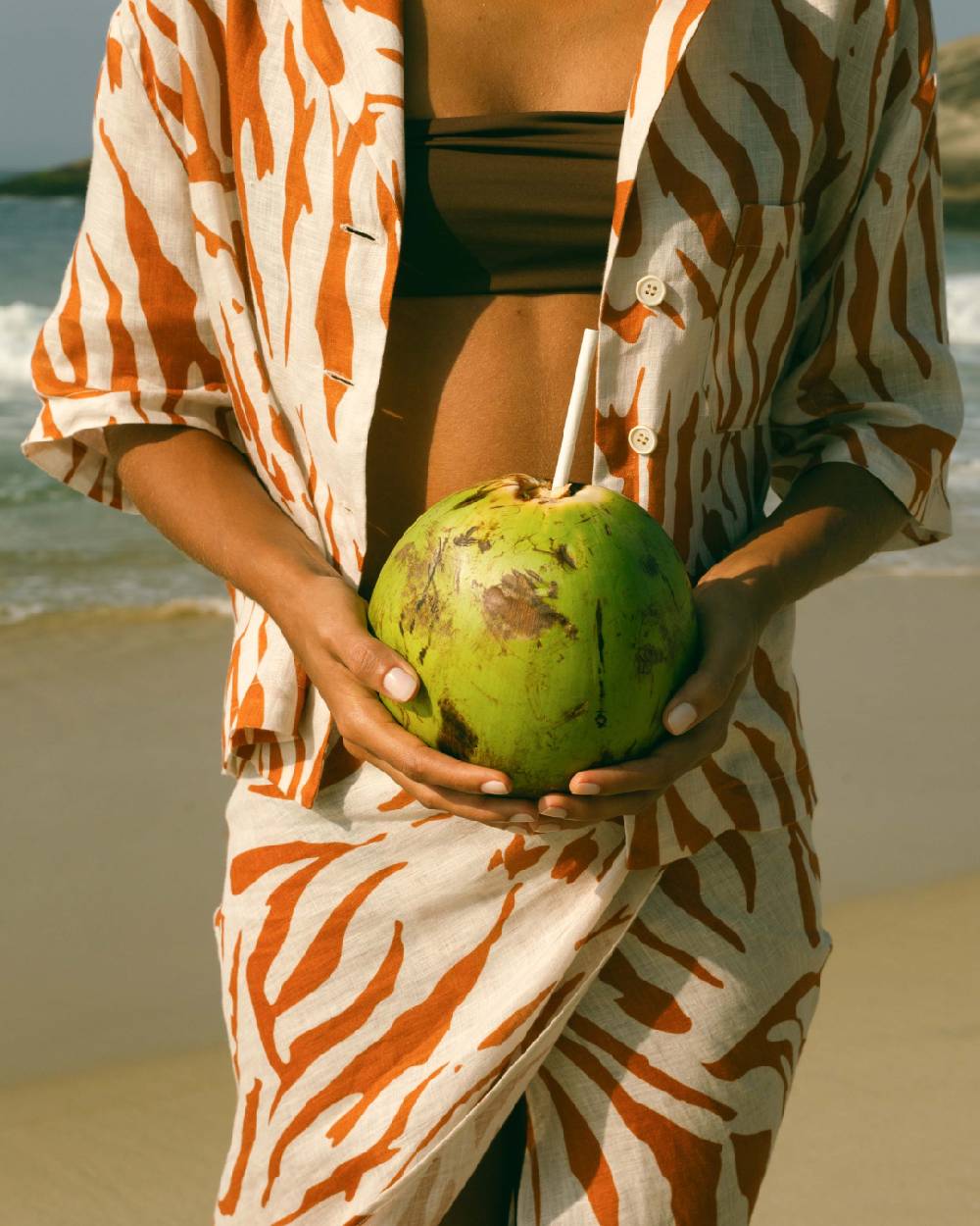 Manebí Printed Linen Cumana Shirt - Eggnog \u0026 Orange Rust Zebra Acquista Ora
