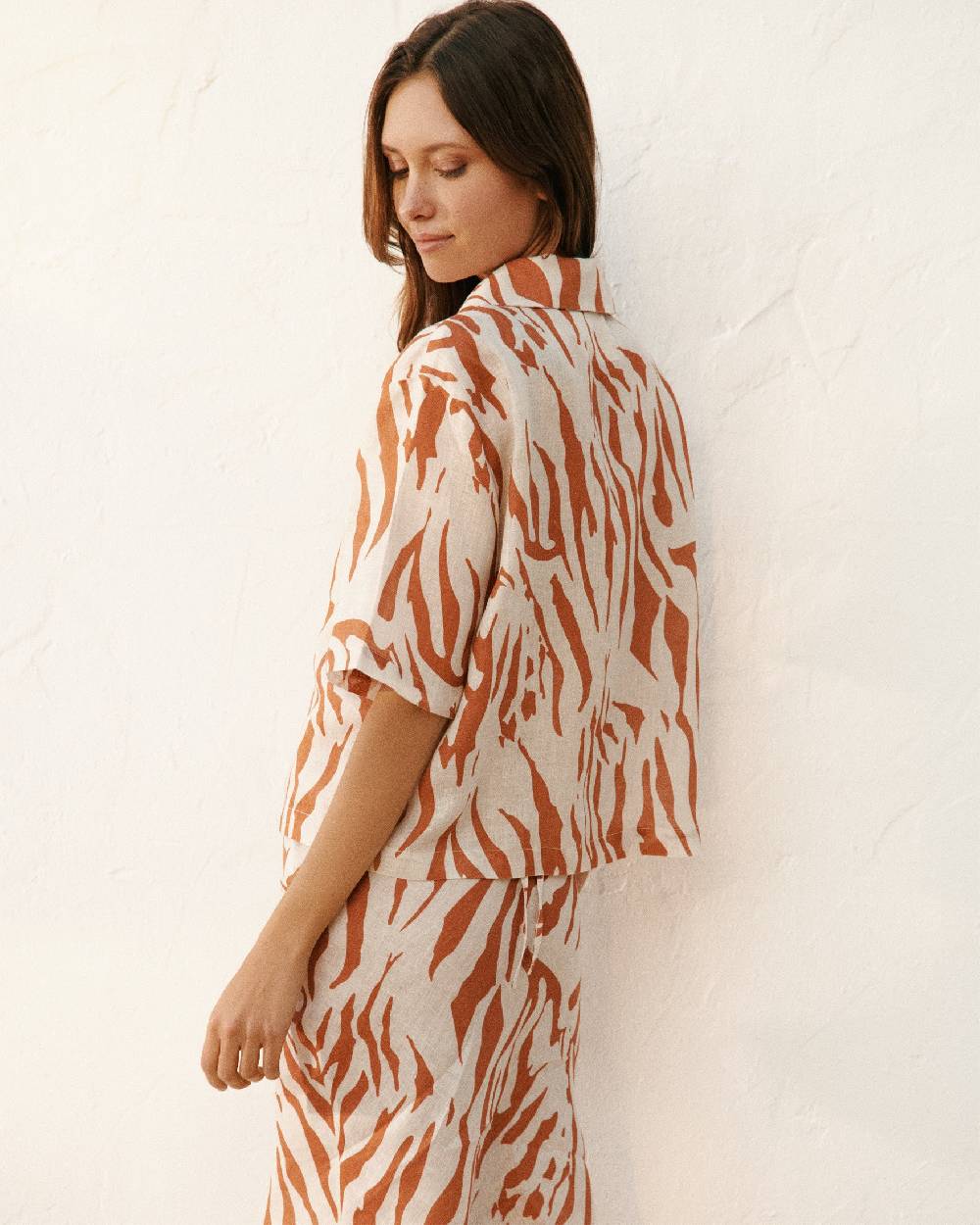 Manebí Printed Linen Cumana Shirt - Eggnog \u0026 Orange Rust Zebra Acquista Ora