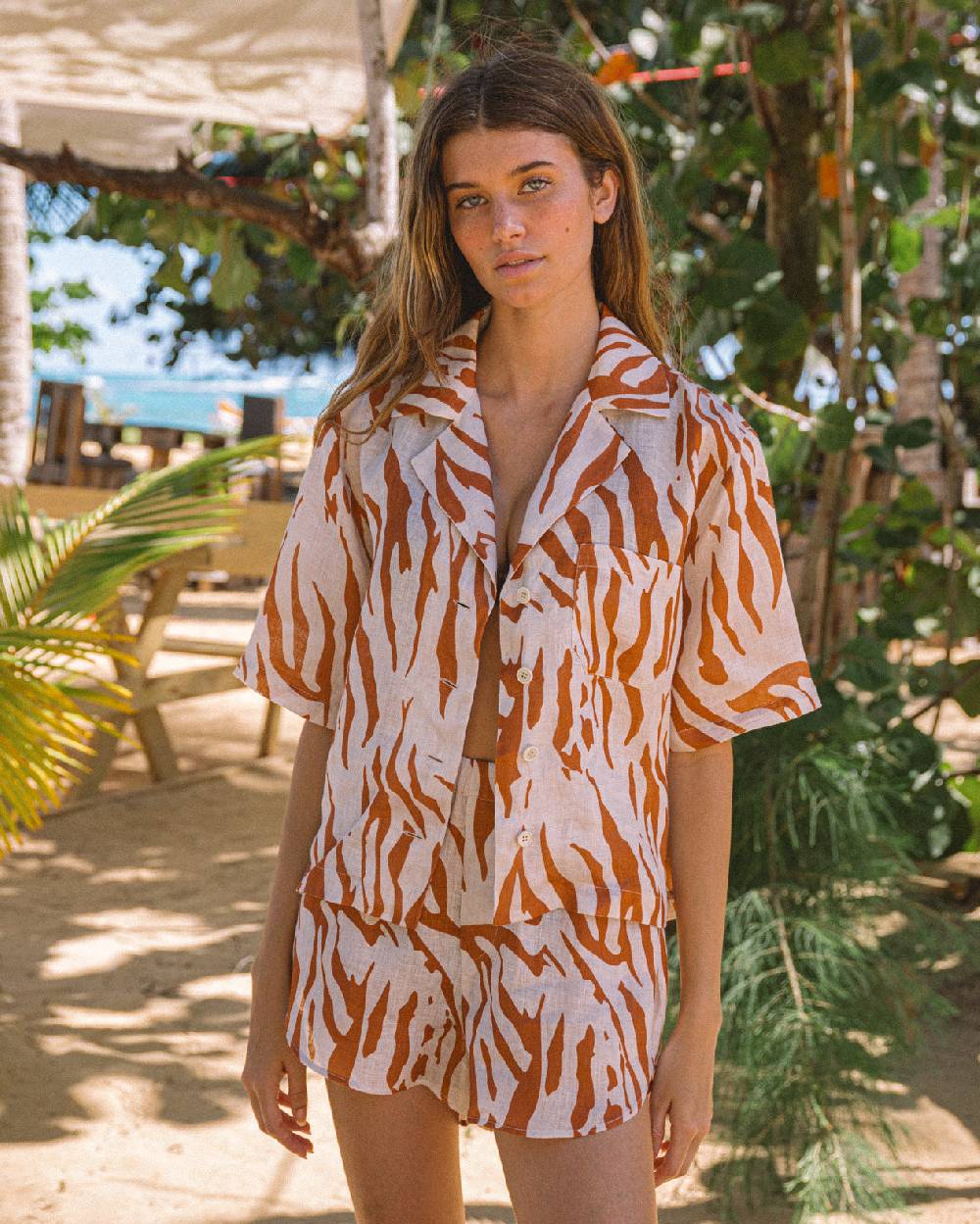 Manebí Printed Linen Cumana Shirt - Eggnog \u0026 Orange Rust Zebra Acquista Ora