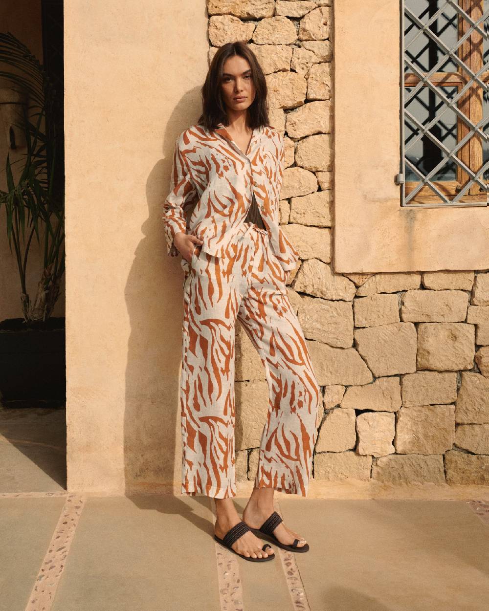 Manebí Printed Linen Natal Shirt - Eggnog \u0026 Orange Rust Zebra Promozione Limitata