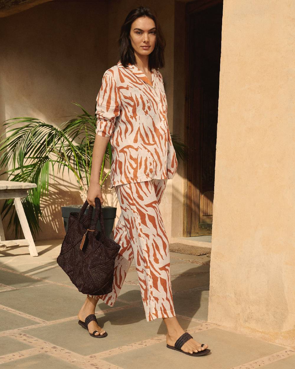 Manebí Printed Linen Natal Shirt - Eggnog \u0026 Orange Rust Zebra Promozione Limitata
