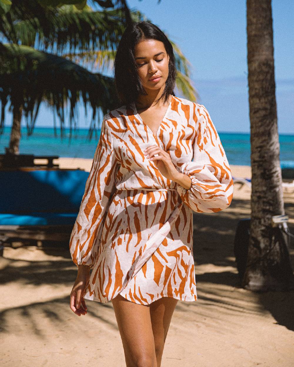Manebí Printed Linen Caracas Dress - Eggnog \u0026 Orange Rust Zebra Sottocosto