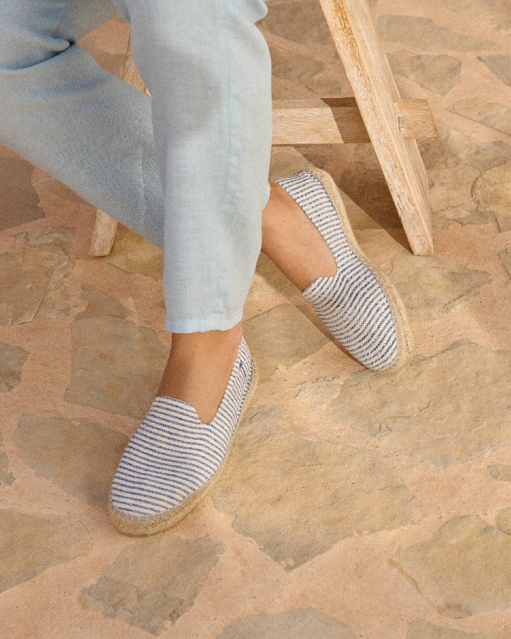 Manebí Recycled Cotton Canvas Espadrilles - Navy Blue Micro Stripes On Beige Promozione