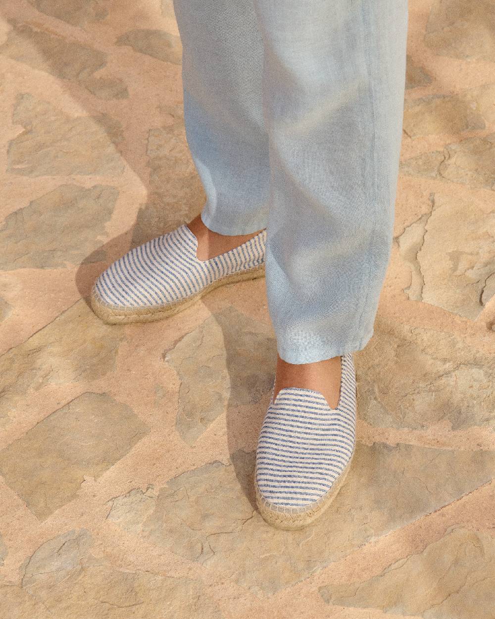 Manebí Recycled Cotton Canvas Espadrilles - Navy Blue Micro Stripes On Beige Promozione