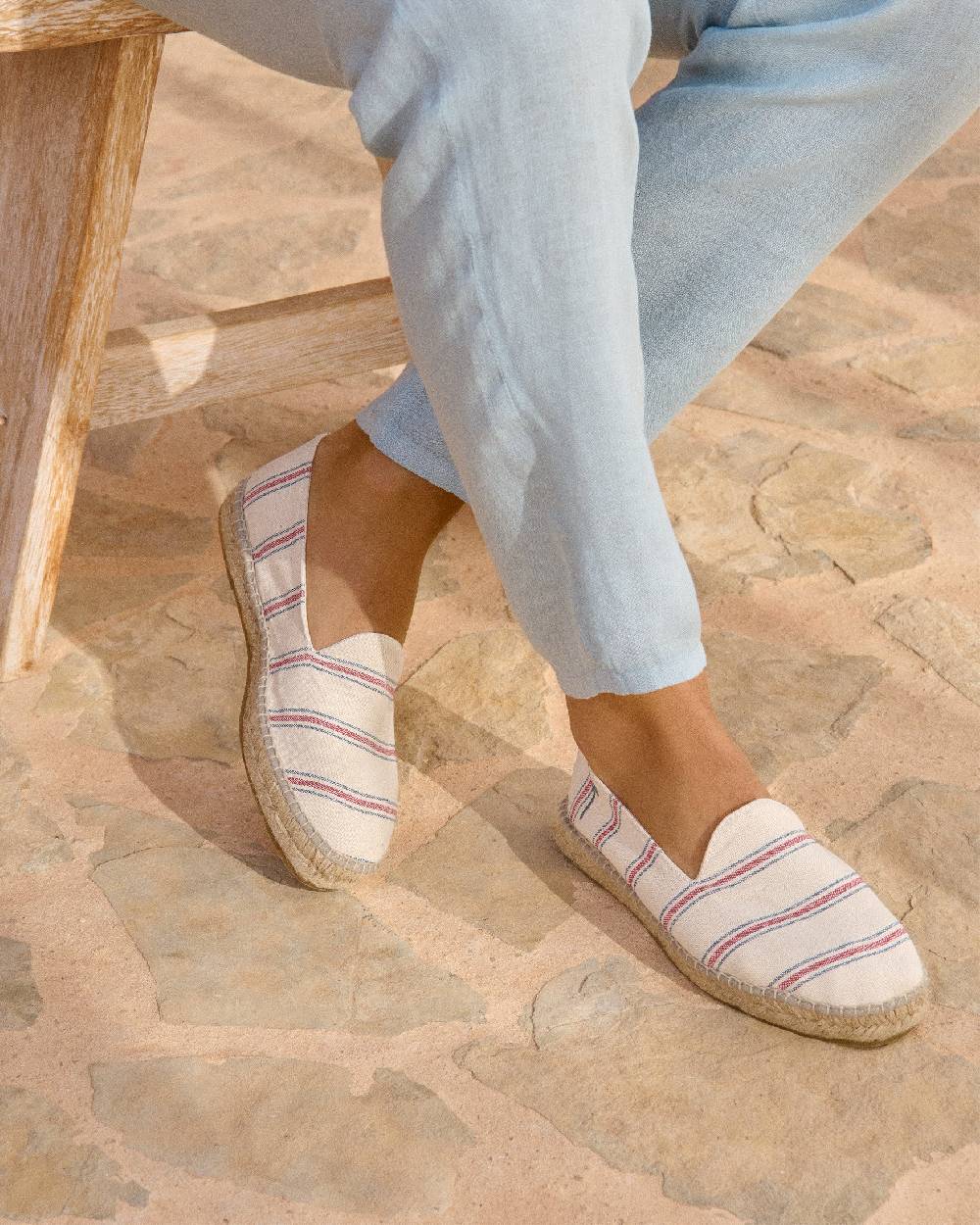 Manebí Recycled Cotton Canvas Espadrilles - Red \u0026 Navy Blue Micro Stripes On Beige Nuova