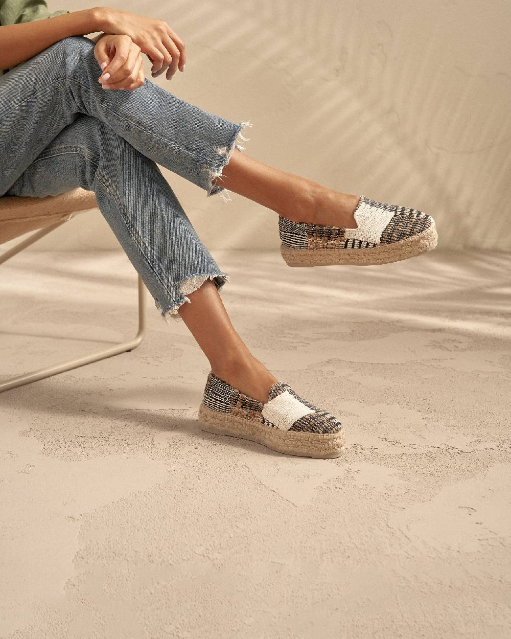 Manebí Silk And Cotton Patchwork|Double Sole Espadrilles - Yucatán White Natural And Black Saldi