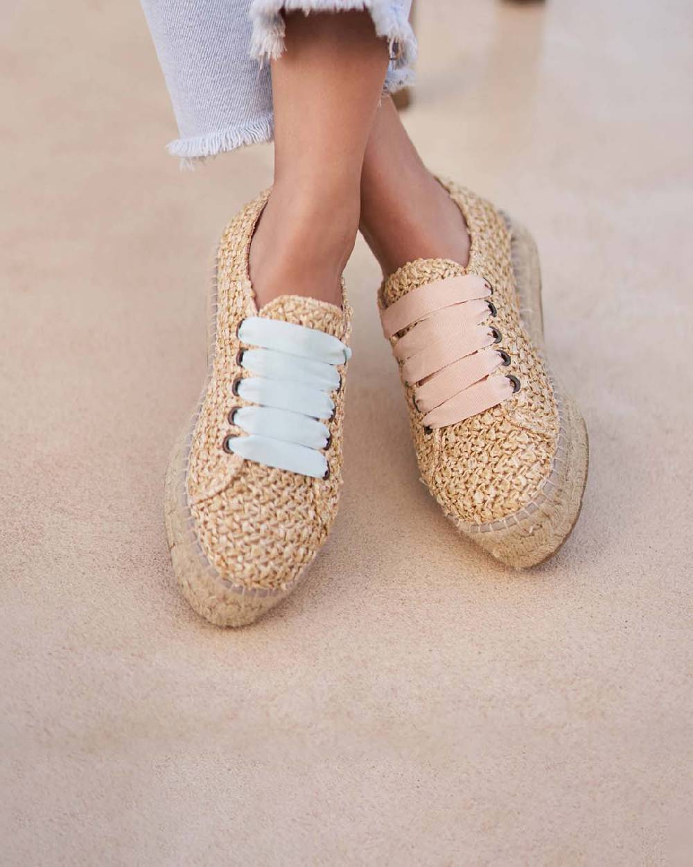 Manebí Raffia Lace-Up Espadrilles - Pink, Light Blue \u0026 Pastel Rose Laces Raffia Net 2025