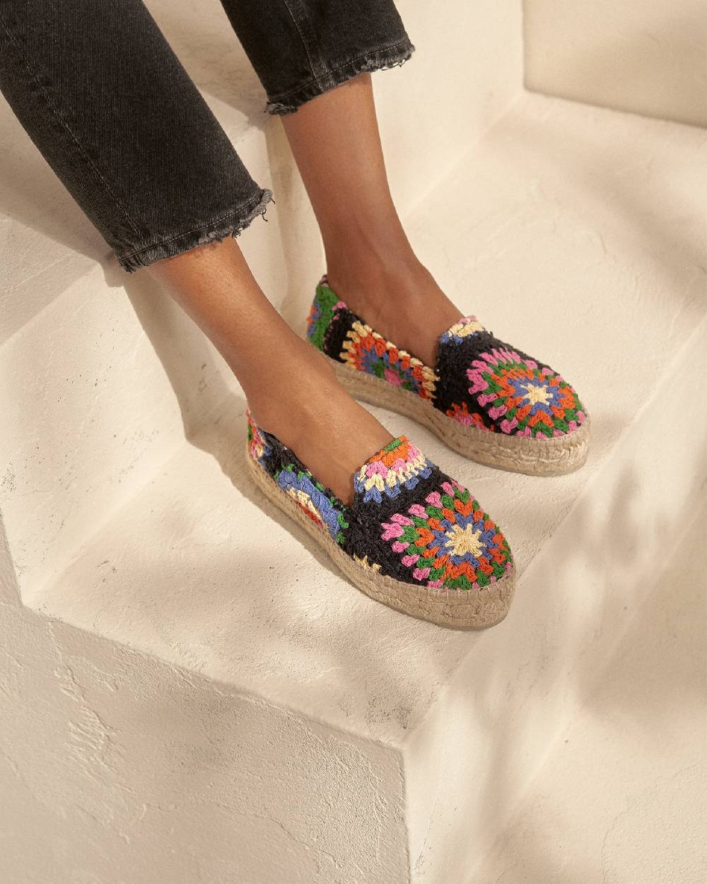 Manebí Cotton Crochet Double Sole Espadrilles - Yucatán Orange And Pink On Black 2025