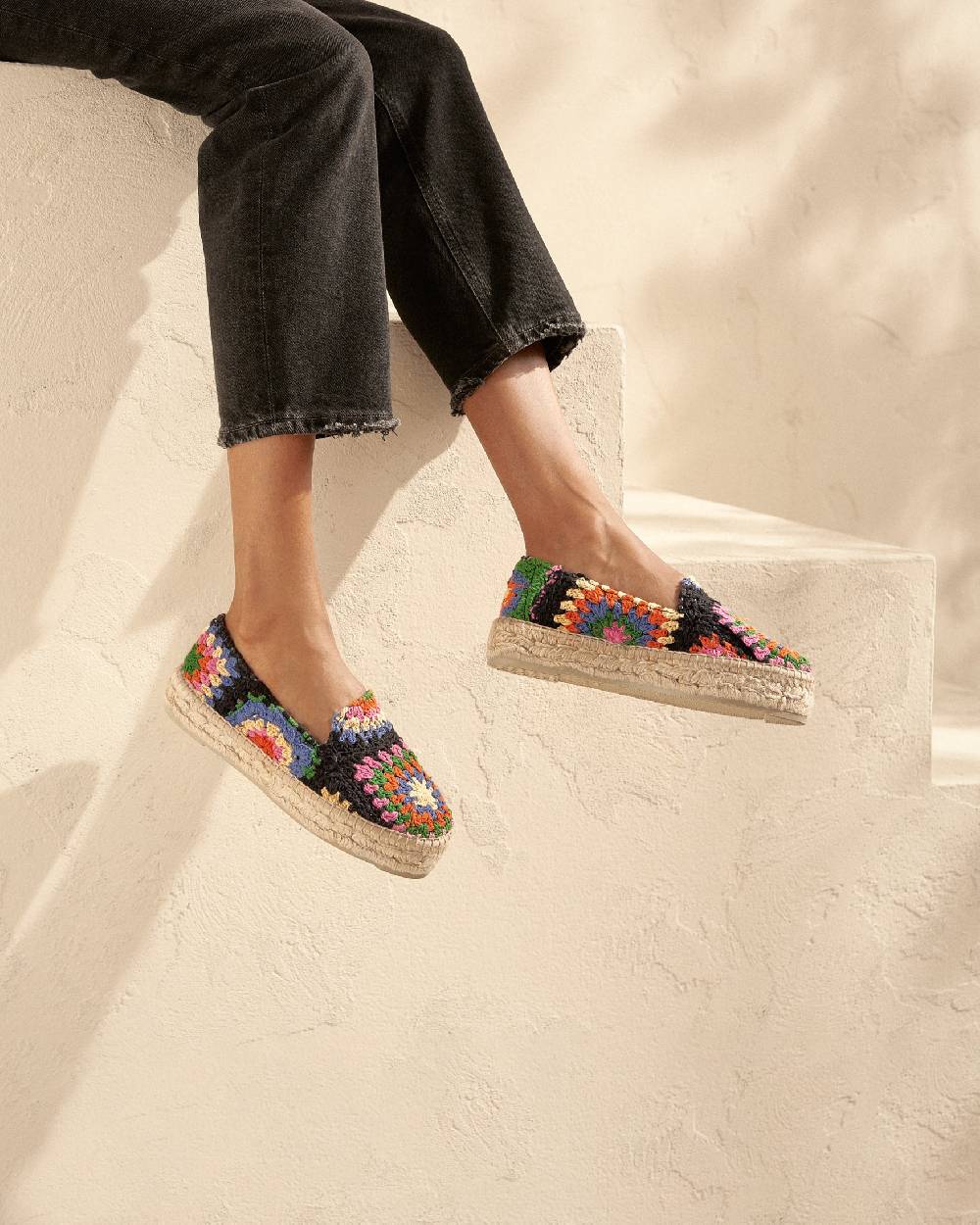 Manebí Cotton Crochet Double Sole Espadrilles - Yucatán Orange And Pink On Black 2025