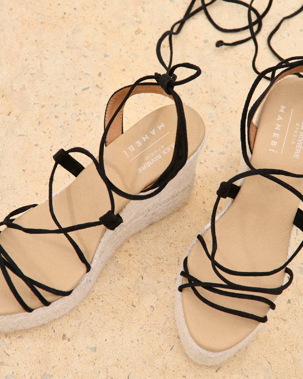 Manebí Portofino Soft Suede|Wedge Espadrilles - Lace-Up Black Italy