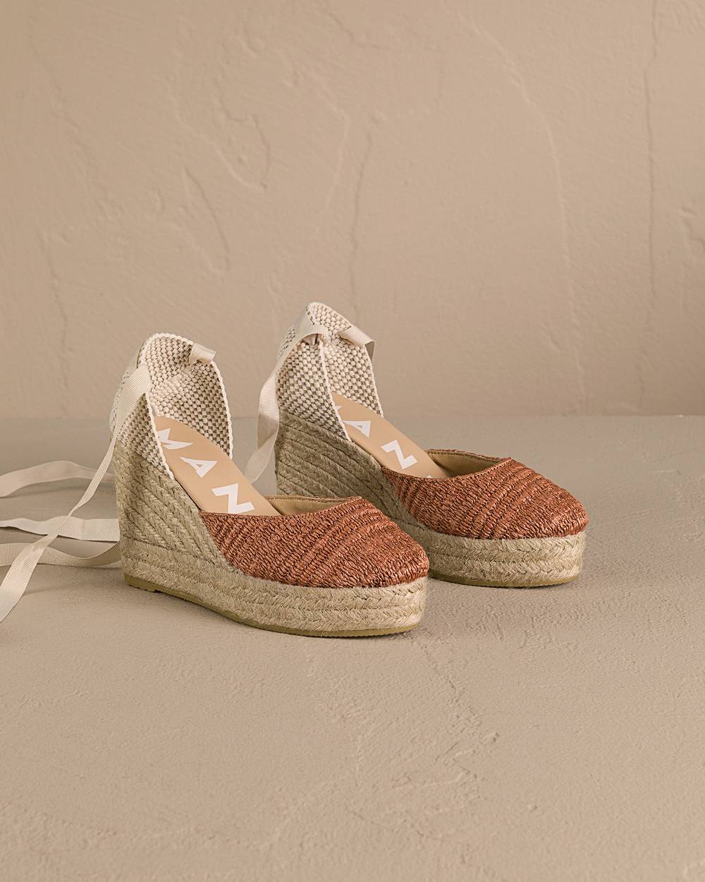 Manebí Raffia Stripes Wedge Espadrilles - Yucatán Orange Rust Vendita