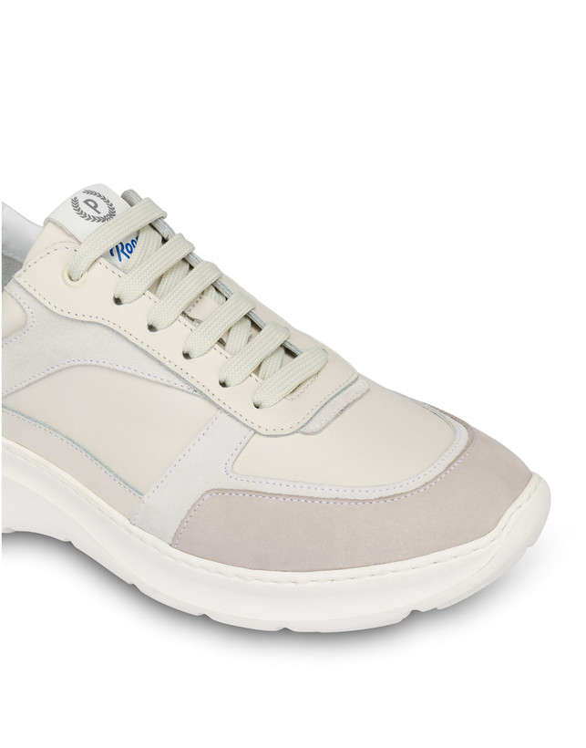 Pollini Sneakers In Vitello, Nabuk E Crosta Roomy Avorio/perla/bianco/bianco/avorio Acquista Ora