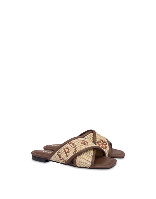 Pollini Sandali Flat In Paglia Intrecciata Macro Heritage Naturale/marrone Sottocosto