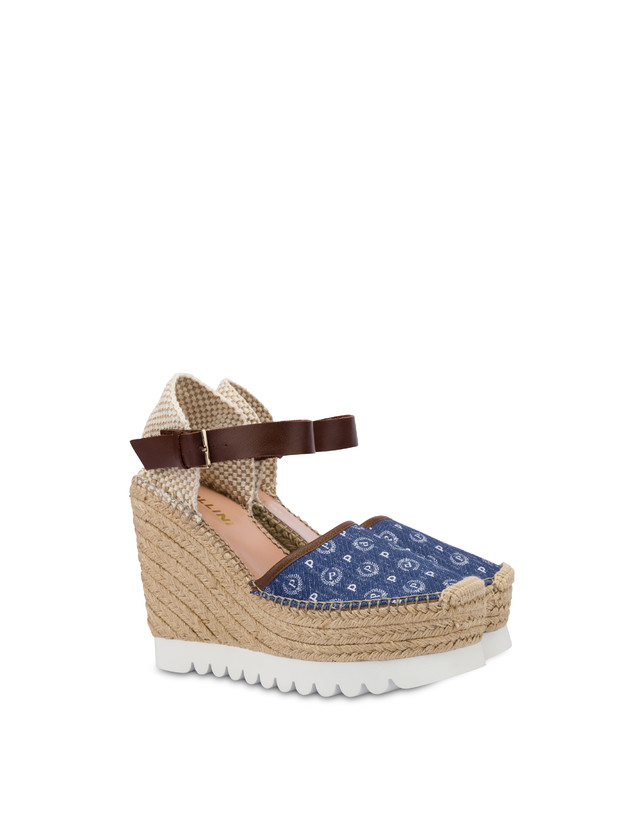 Pollini Sandali Con Zeppa Espadrillas Heritage Denim Jacquard Blu/marrone Outlet