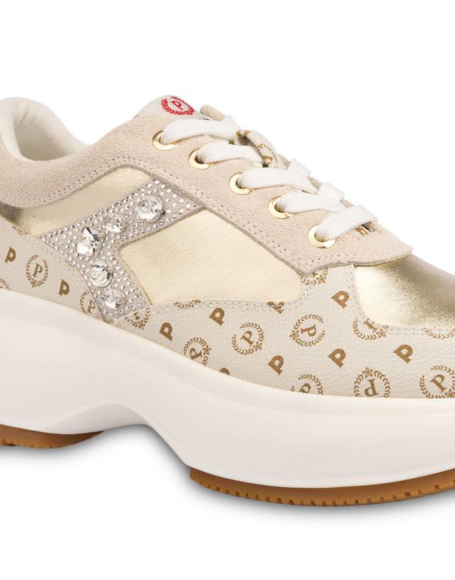 Pollini Sneakers Con Pietre E Strass Forever Avorio/platino In Saldo