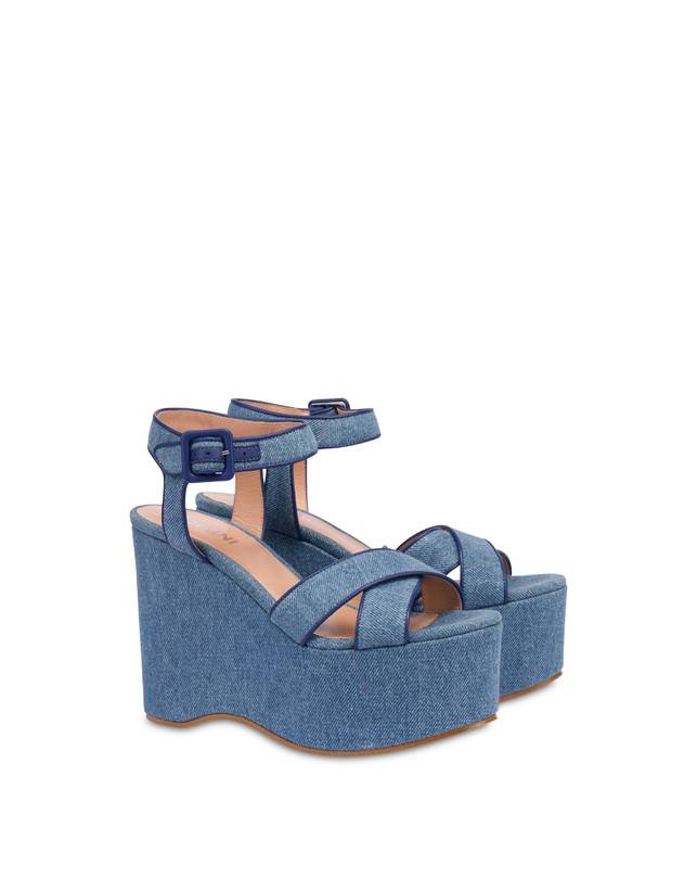 Pollini Sandali In Denim Con Zeppa Capri Denim/navy Vendita