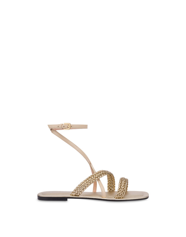 Pollini Sandali Flat In Vitello E Specchio Laminato Italian Savoir Faire Platino/sabbia
